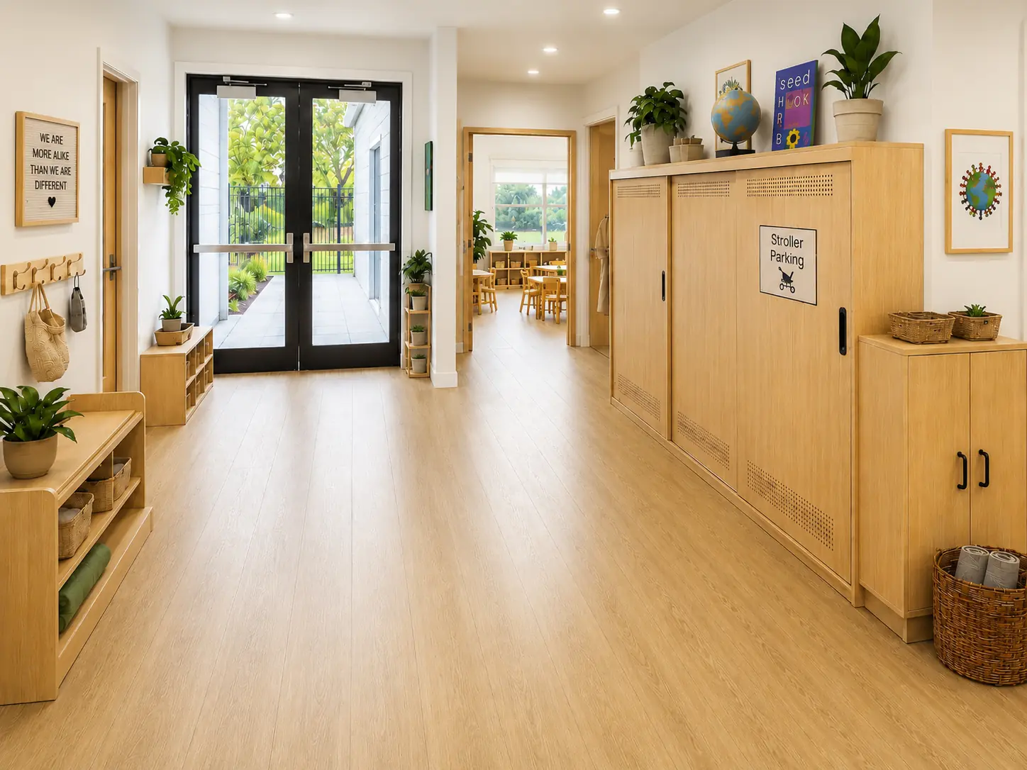 Concept rendering of the Together We Grow Montessori School entrance hallway and enclosed stroller parking