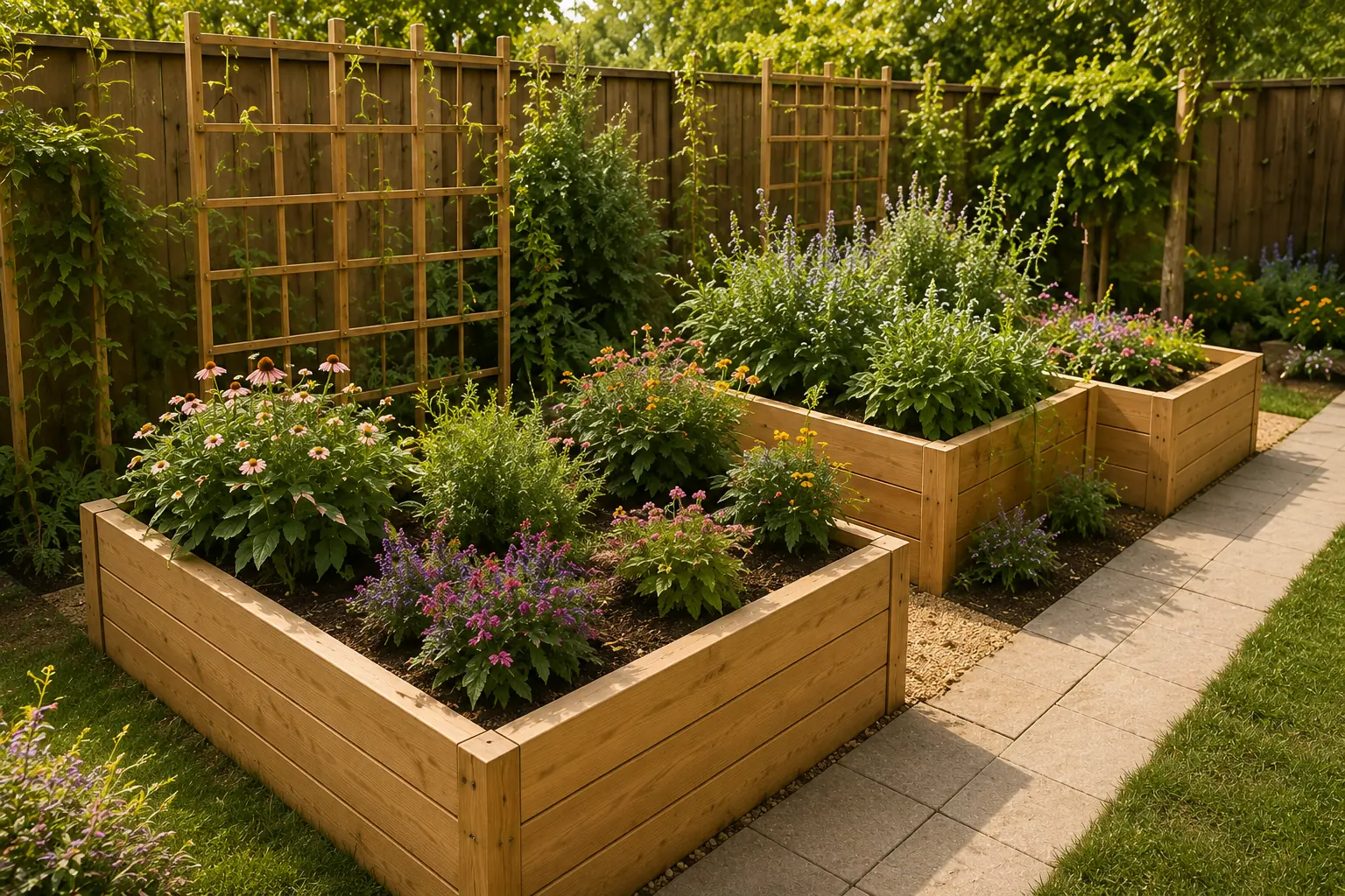 Raised garden beds and flowers in a Montessori preschool outdoor environment