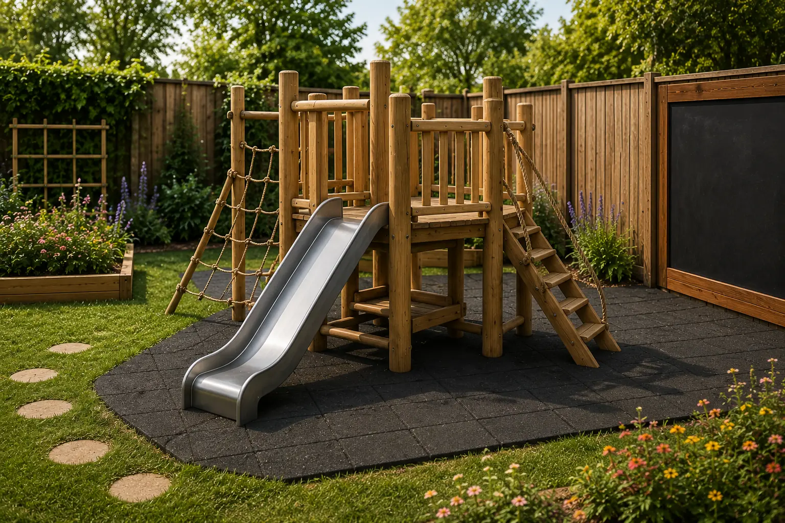 Natural wooden playground and slide equipment in a Montessori outdoor environment