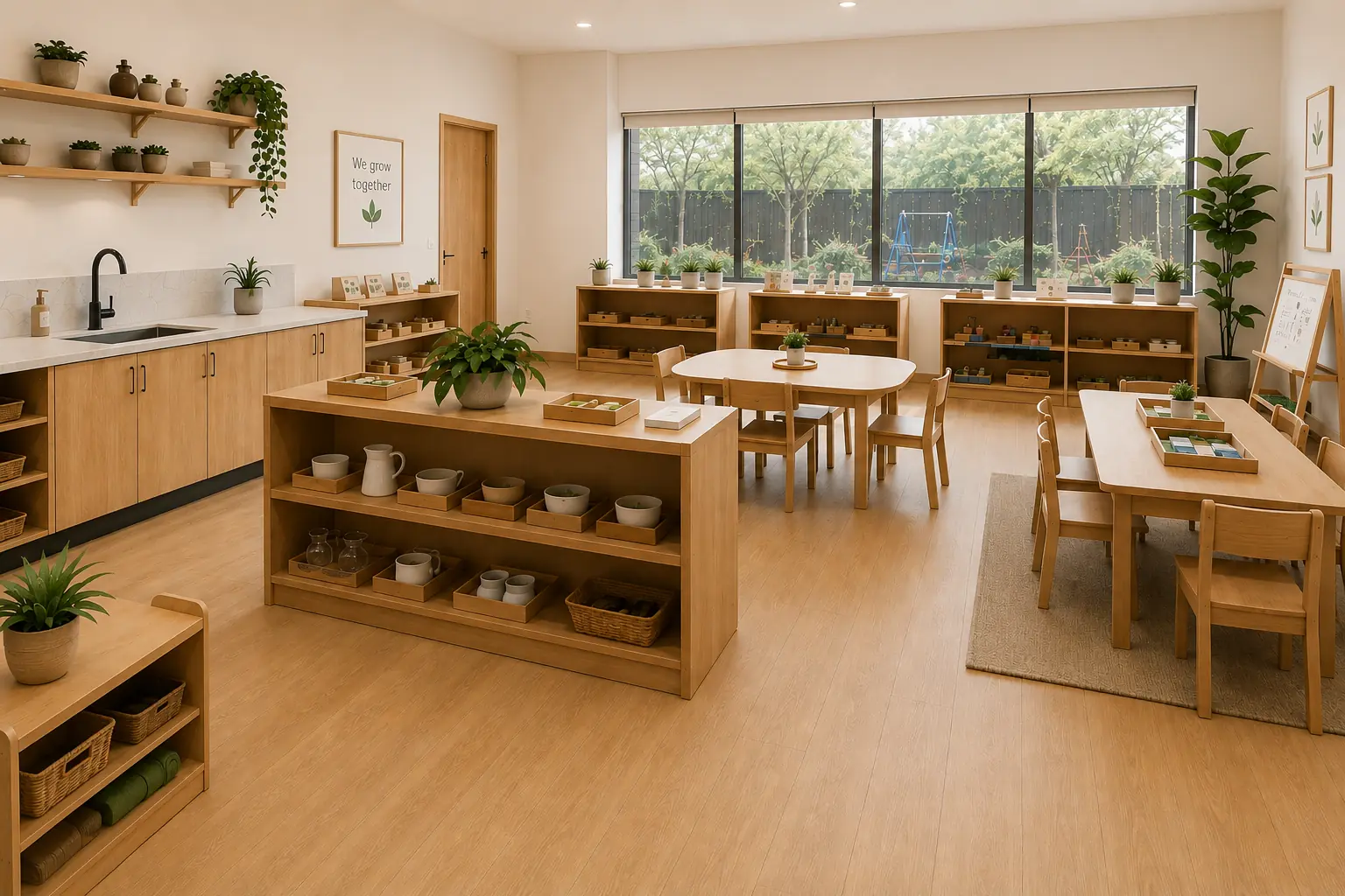 Concept rendering of the Practical Life area in a Montessori preschool classroom