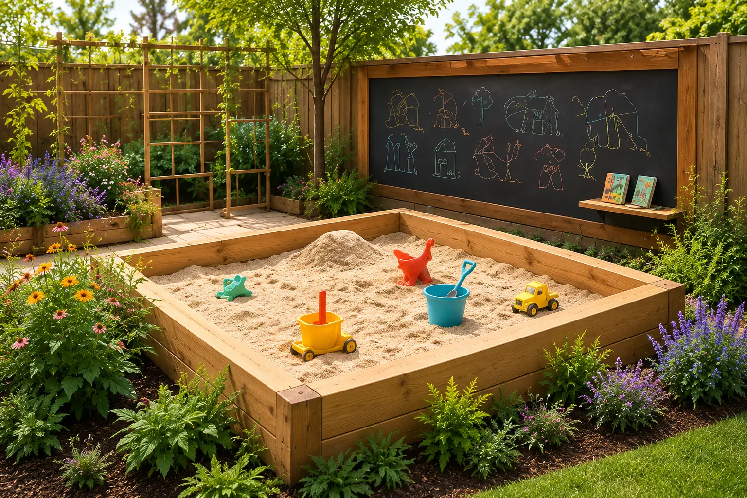 Montessori preschool sand play area with a wooden sandbox, natural materials, and outdoor art wall